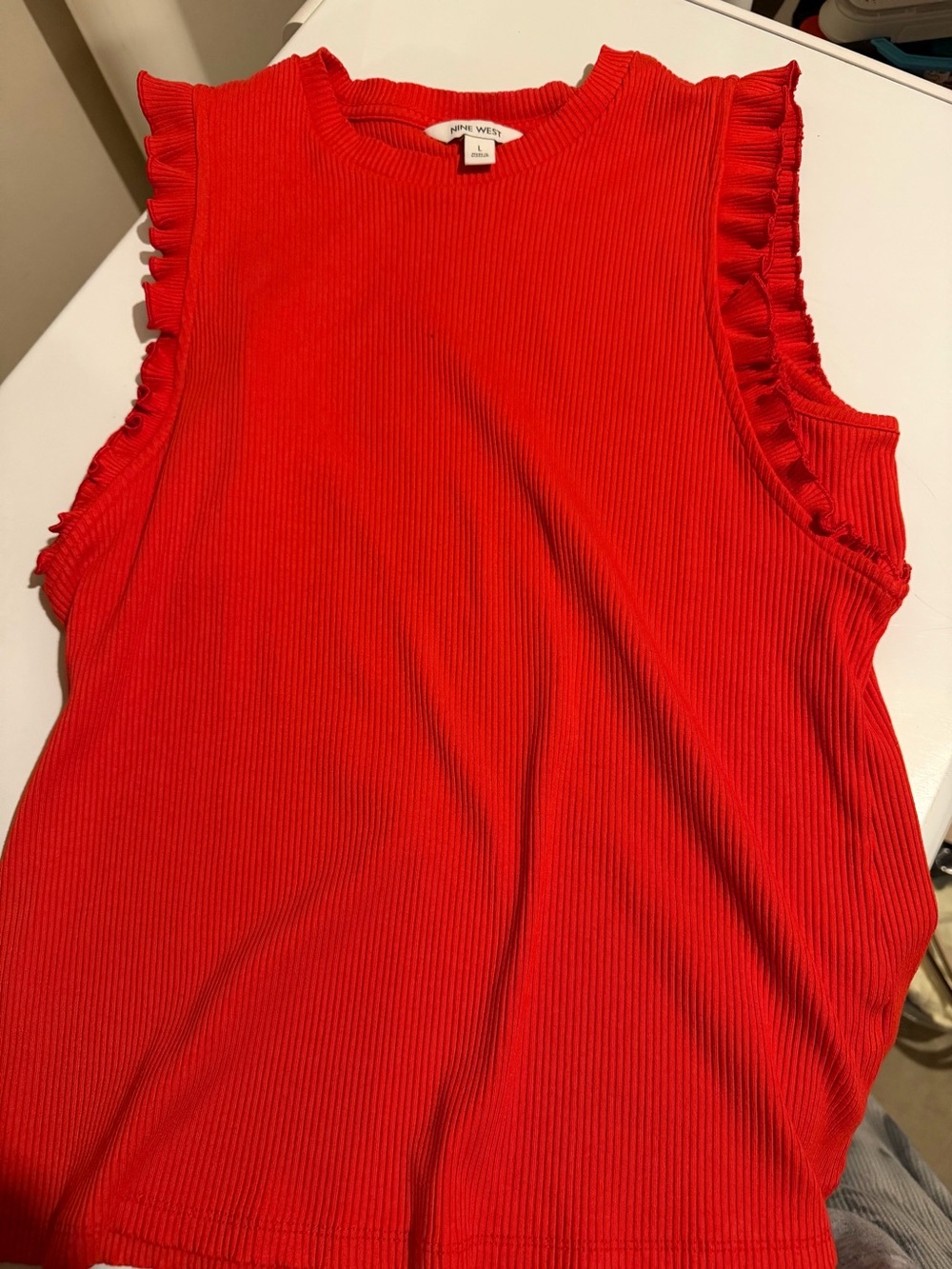 Nine West Red Ribbed Ruffle Sleeve Tank - Picture 2 of 4